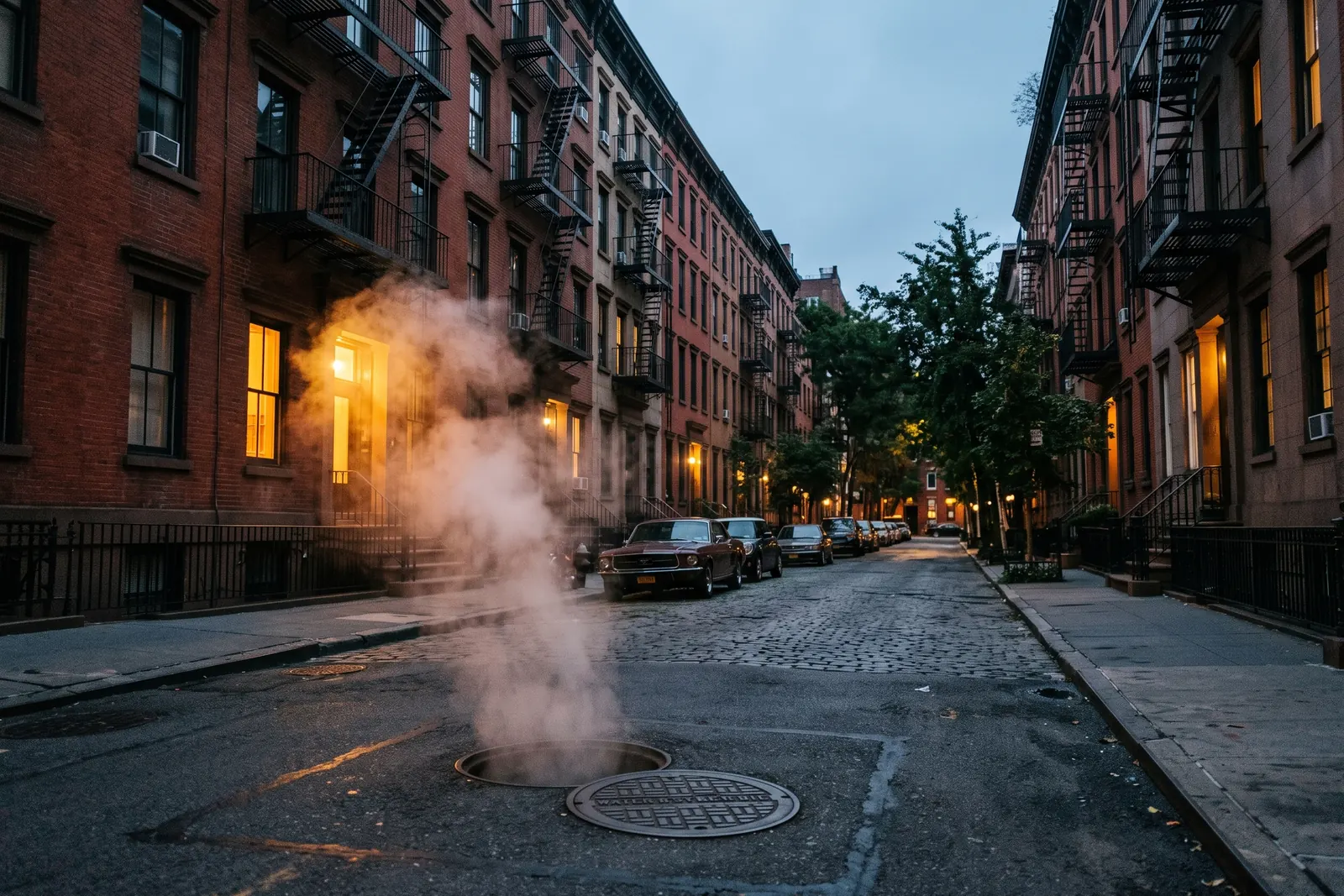 New York street at dusk, steam rising past lit brownstone windows