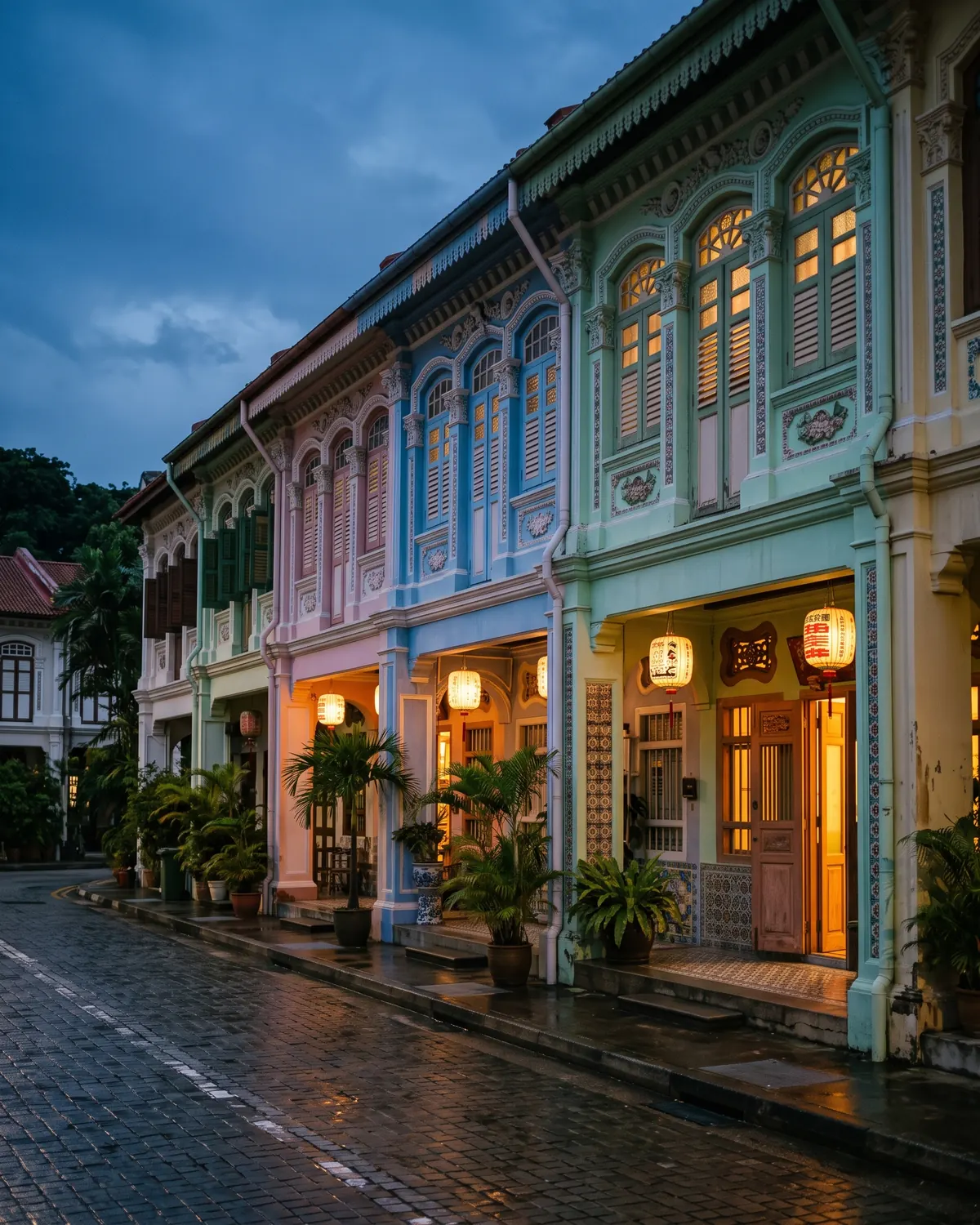 Singapore shophouse street at dusk, warm lights against a deep blue sky
